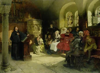 Luther prêche en utilisant sa traduction de la Bible pendant son emprisonnement à la Wartburg, 1882